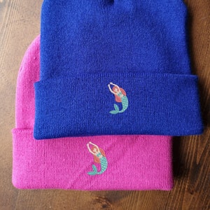Embroidered Mermaid Beanie: Soft Polyacrylic Cuffed Knit Hat