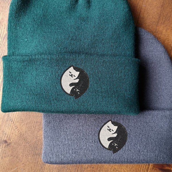 Fun cat yinyang embroidered beanie - hat free delivery more colours gift embroidery present cat lover peace