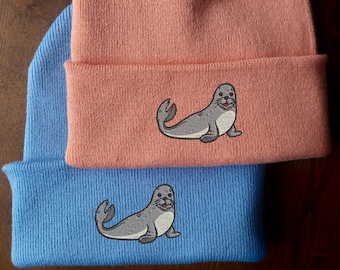 Embroidered Seal Beanie: Soft Polyacrylic Cuffed Knit