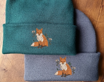 Cute fox and flowers embroidered beanie - hat free delivery more colours gift embroidery present