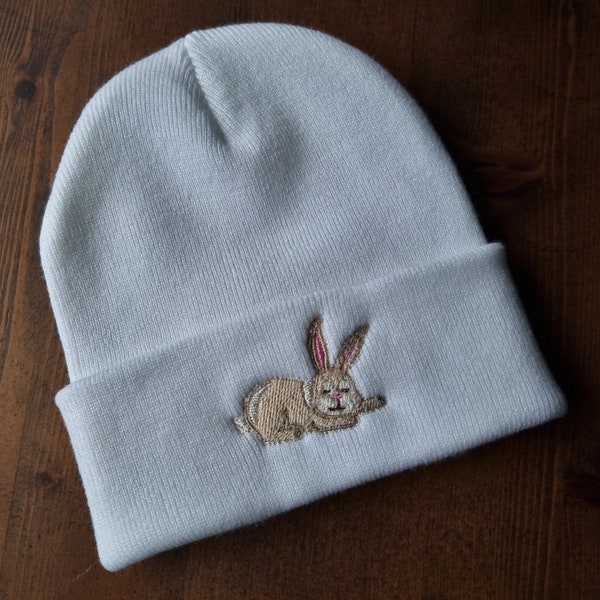 Cute sleepy rabbit embroidered beanie - hat free delivery more colours gift embroidery present animal lovely birthday bunny sweet bunnies