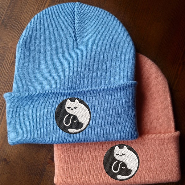 Lovely cat and dog yinyang embroidered beanie - hat free delivery more colours gift embroidery present animal