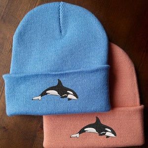 Embroidered Orca Beanie: Soft Polyacrylic Cuffed Knit Hat
