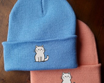 Cute Cat Embroidered Beanie Hat Perfect Gift Multiple Colours Available Free Delivery Pussycat Miaow Meow Kitten Feline Lovely Fluffy