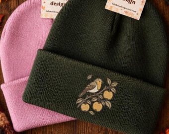 Embroidered Lovely Robin On Branches Beanie: Soft Polyacrylic Knit Autumn Cosy Season Bird Fall