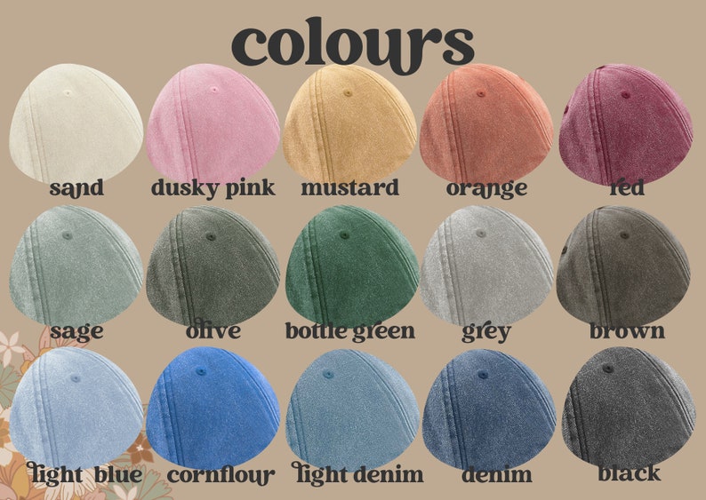 Puede incluir: Un gr&aacute;fico que muestra 15 colores diferentes de gorras de b&eacute;isbol. Los colores son: arena, rosa polvoriento, mostaza, naranja, rojo, salvia, oliva, verde botella, gris, marr&oacute;n, azul claro, azul de ma&iacute;z, denim claro, denim y negro.