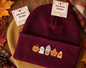 Embroidered Halloween Cuties Beanie: Soft Polyacrylic Knit Fall Autumn