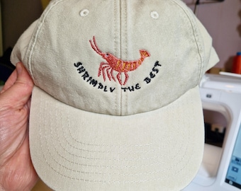Fun &#39;Shrimply the Best&#39; Shrimp Design Machine Embroidered Vintage Style Cap Available in More Colours - Free Delivery
