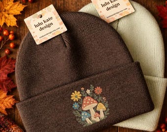 Embroidered Floral Mushrooms Beanie: Soft Polyacrylic Knit Autumn Cosy Season Leaves Fall