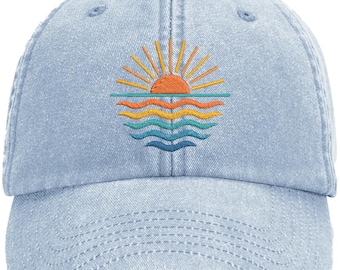 Sunset and Waves Embroidered Vintage Cap - Washed Cotton Sea Ocean Beach