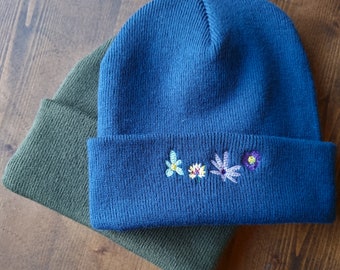 Lovely floral embroidered beanie - hat free delivery more colours gift embroidery present birthday cute flowers pastels