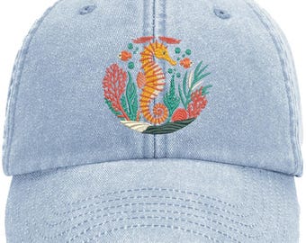 Cute Seahorse and Coral Design Machine Embroidered Vintage Style Cap More Colours - Free Delivery Gift Summer Animal Sea Water Ocean