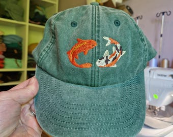 Koi Carp Embroidered Vintage Cap: Washed Cotton, Low Profile
