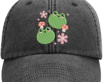Cute Kawaii Frogs Design Machine Embroidered Vintage Style Cap More Colours - Free Delivery Gift Summer Flower Mushroom Animal Japan