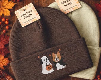 Embroidered Cute Halloween Dogs Beanie: Soft Polyacrylic Knit Halloween Spooky Ghost