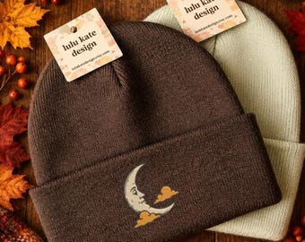 Embroidered Lovely Crescent Moon Beanie: Soft Polyacrylic Knit