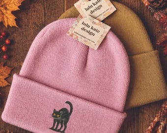 Embroidered Black Cat Beanie: Soft Polyacrylic Knit Fall Autumn Halloween Spooky