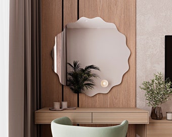 Decoración moderna de espejo redondo, espejo de baño de madera circular, diseño de hogar de espejo estético redondo, arte de pared de espejo plano único, espejo para tocador