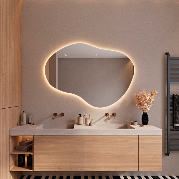 Miroir asymétrique pour vasque de salle de bain, miroir décoratif LED, miroir LED, miroir irrégulier, miroir décoratif moderne mural