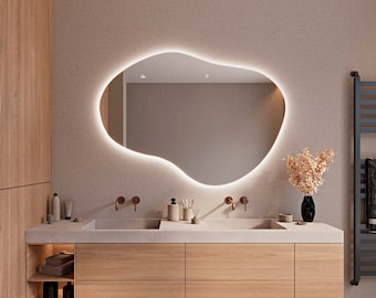 Espejo asimétrico LED para baño Decoración del hogar Espejo de pared estético Diseño de baño Espejo de diseño personalizado irregular Espejo de tocador para dormitorio