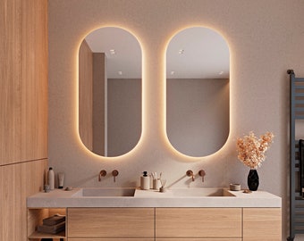 Miroir ovale LED, Miroir pour salle de bain et chambre, Miroir décoratif esthétique irrégulier, Miroir asymétrique, Miroir de courtoisie, Miroir de maquillage