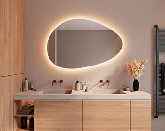 LED Lighted Bathroom Mirror, Asymmetrical Mirror With Led Lights, Decorative Illuminated Mirror, Irregular Shaped Large Wall Mirror