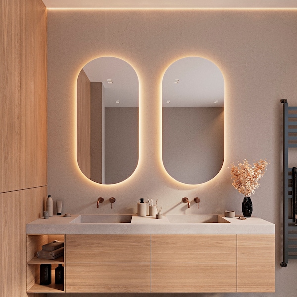 Miroir ovale LED, Miroir pour salle de bain et chambre, Miroir décoratif esthétique irrégulier, Miroir asymétrique, Miroir de courtoisie, Miroir de maquillage