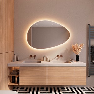 LED Lighted Bathroom Mirror, Asymmetrical Mirror With Led Lights, Decorative Illuminated Mirror, Irregular Shaped Large Wall Mirror