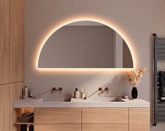 Half Circle LED Lighted Bathroom Mirror, Asymmetrical Mirror With Led Lighting, Large Wall Backlit Mirror, Vanity Mirror with Led Lights