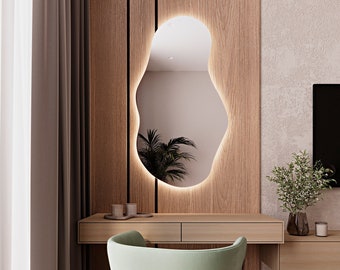 Miroir de chambre à coucher avec éclairage LED, Miroir asymétrique avec lumières LED, Miroir décoratif lumineux, Miroir mural pour vanité de forme irrégulière