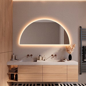 Half Circle LED Lighted Bathroom Mirror, Asymmetrical Mirror With Led Lighting, Large Wall Backlit Mirror, Vanity Mirror with Led Lights
