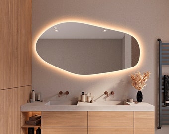 Espejo de baño con luz LED, espejo de dormitorio asimétrico con luces LED, espejo iluminado decorativo, espejo de pared grande de forma irregular