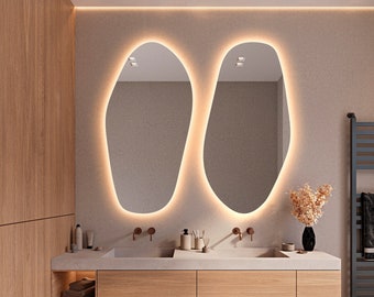 Espejo de baño LED, espejo de dormitorio asimétrico con luces LED, espejo iluminado decorativo, espejo de pared grande de forma irregular