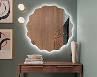 Wandbehang runder Spiegel geführt, Frisiertischspiegel, Spiegel beleuchtet, Schminkspiegel, Badezimmerspiegel, Schlafzimmerspiegel, minimalistischer Spiegel