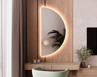 Half Circle LED Lighted Bathroom Mirror, Vanity Mirror with Led Lights, Asymmetrical Mirror With Led Lighting, Large Wall Backlit Mirror
