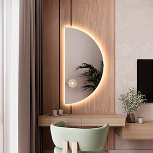 Half Circle LED Lighted Bathroom Mirror, Vanity Mirror with Led Lights, Asymmetrical Mirror With Led Lighting, Large Wall Backlit Mirror