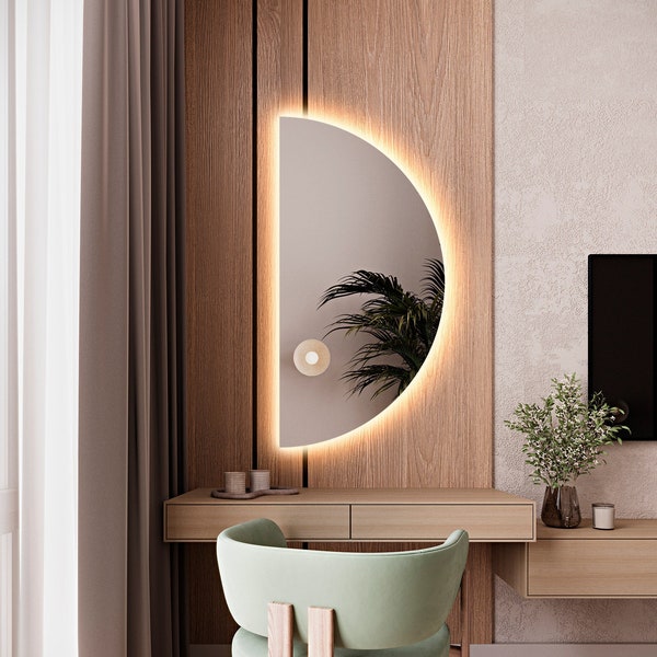 Half Circle LED Lighted Bathroom Mirror, Vanity Mirror with Led Lights, Asymmetrical Mirror With Led Lighting, Large Wall Backlit Mirror
