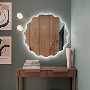 Décoration miroir ronde moderne, miroir de salle de bain rond en bois, décoration de maison avec miroir esthétique rond, oeuvre d'art murale miroir plat unique, miroir pour vanité image 2