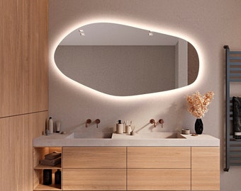 LED-verlichte badkamerspiegel, decoratieve verlichte spiegel, asymmetrische slaapkamerspiegel met led-verlichting, onregelmatig gevormde grote wandspiegel