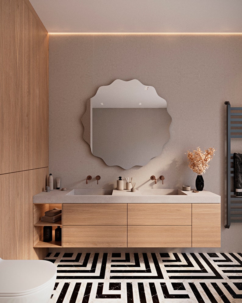 Décoration miroir ronde moderne, miroir de salle de bain rond en bois, décoration de maison avec miroir esthétique rond, oeuvre d'art murale miroir plat unique, miroir pour vanité image 4