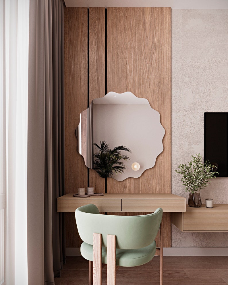 Décoration miroir ronde moderne, miroir de salle de bain rond en bois, décoration de maison avec miroir esthétique rond, oeuvre d'art murale miroir plat unique, miroir pour vanité image 1