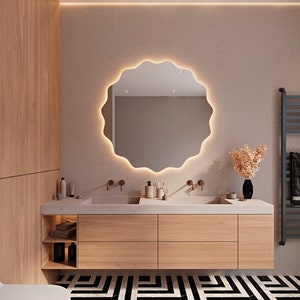 Décoration miroir ronde moderne, miroir de salle de bain rond en bois, décoration de maison avec miroir esthétique rond, oeuvre d'art murale miroir plat unique, miroir pour vanité image 3