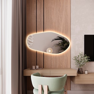 LED-beleuchteter Badezimmerspiegel, asymmetrischer Schlafzimmerspiegel mit LED-Leuchten, dekorativer beleuchteter Spiegel, unregelmäßig geformter großer Wandspiegel Bild 6