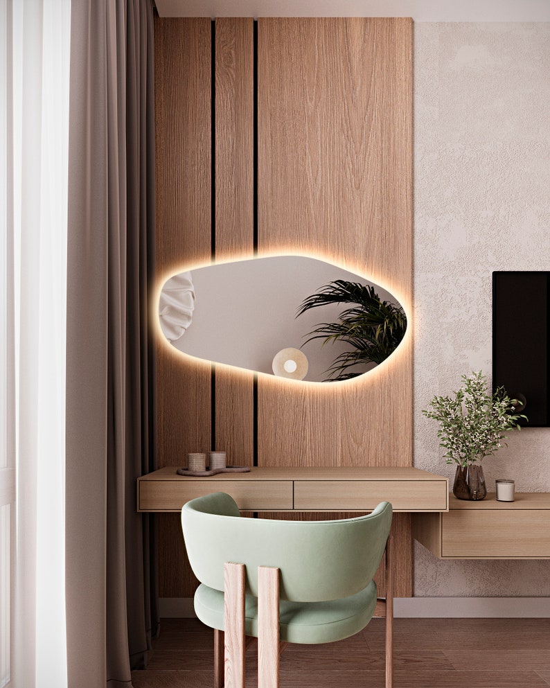 Miroir de salle de bain avec éclairage LED, Miroir de chambre à coucher asymétrique avec éclairage LED, Miroir décoratif lumineux, Grand miroir mural de forme irrégulière image 6