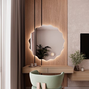 Décoration miroir ronde moderne, miroir de salle de bain rond en bois, décoration de maison avec miroir esthétique rond, oeuvre d'art murale miroir plat unique, miroir pour vanité image 5