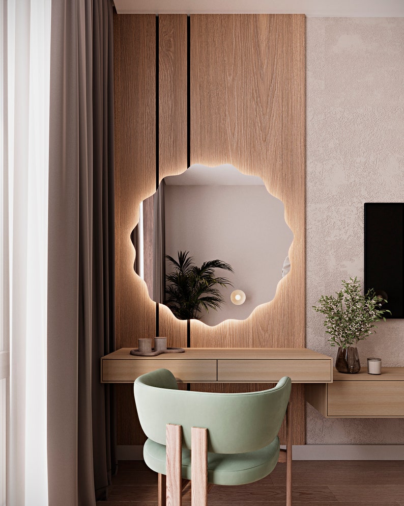 Décoration miroir ronde moderne, miroir de salle de bain rond en bois, décoration de maison avec miroir esthétique rond, oeuvre d'art murale miroir plat unique, miroir pour vanité image 5