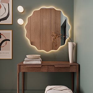 Décoration miroir ronde moderne, miroir de salle de bain rond en bois, décoration de maison avec miroir esthétique rond, oeuvre d'art murale miroir plat unique, miroir pour vanité image 7