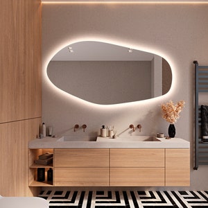 Miroir de salle de bain avec éclairage LED, Miroir de chambre à coucher asymétrique avec éclairage LED, Miroir décoratif lumineux, Grand miroir mural de forme irrégulière image 2