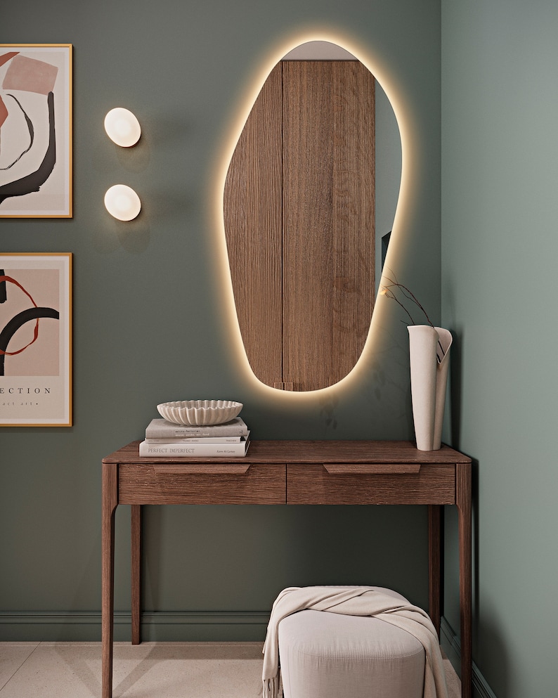 LED-beleuchteter Badezimmerspiegel, asymmetrischer Schlafzimmerspiegel mit LED-Leuchten, dekorativer beleuchteter Spiegel, unregelmäßig geformter großer Wandspiegel Bild 5
