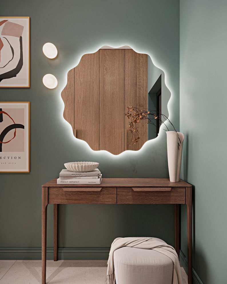 Décoration miroir ronde moderne, miroir de salle de bain rond en bois, décoration de maison avec miroir esthétique rond, oeuvre d'art murale miroir plat unique, miroir pour vanité image 2